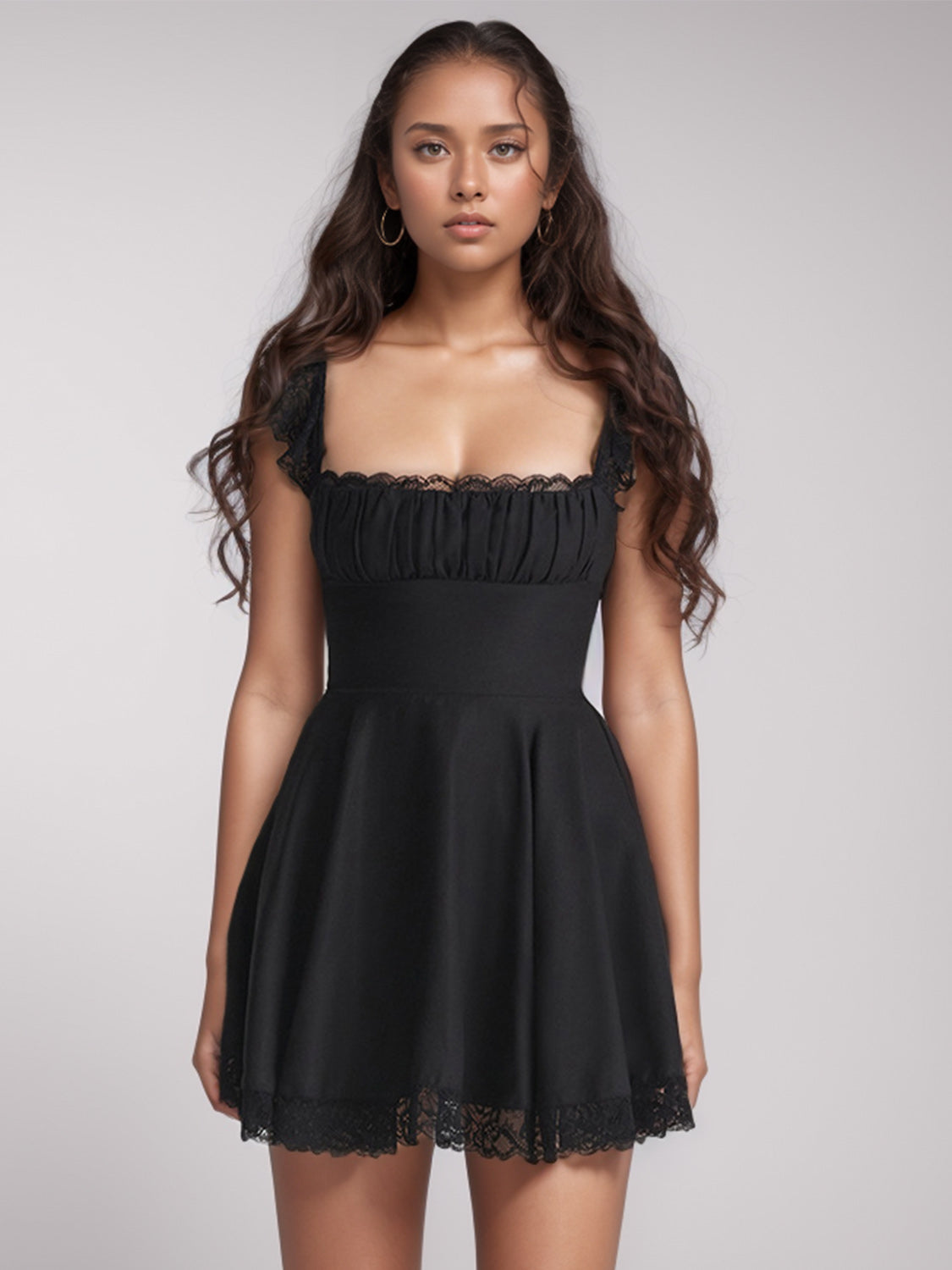 Lace Detail Square Neck Cap Sleeve Mini Dress - The Goddess Galleries