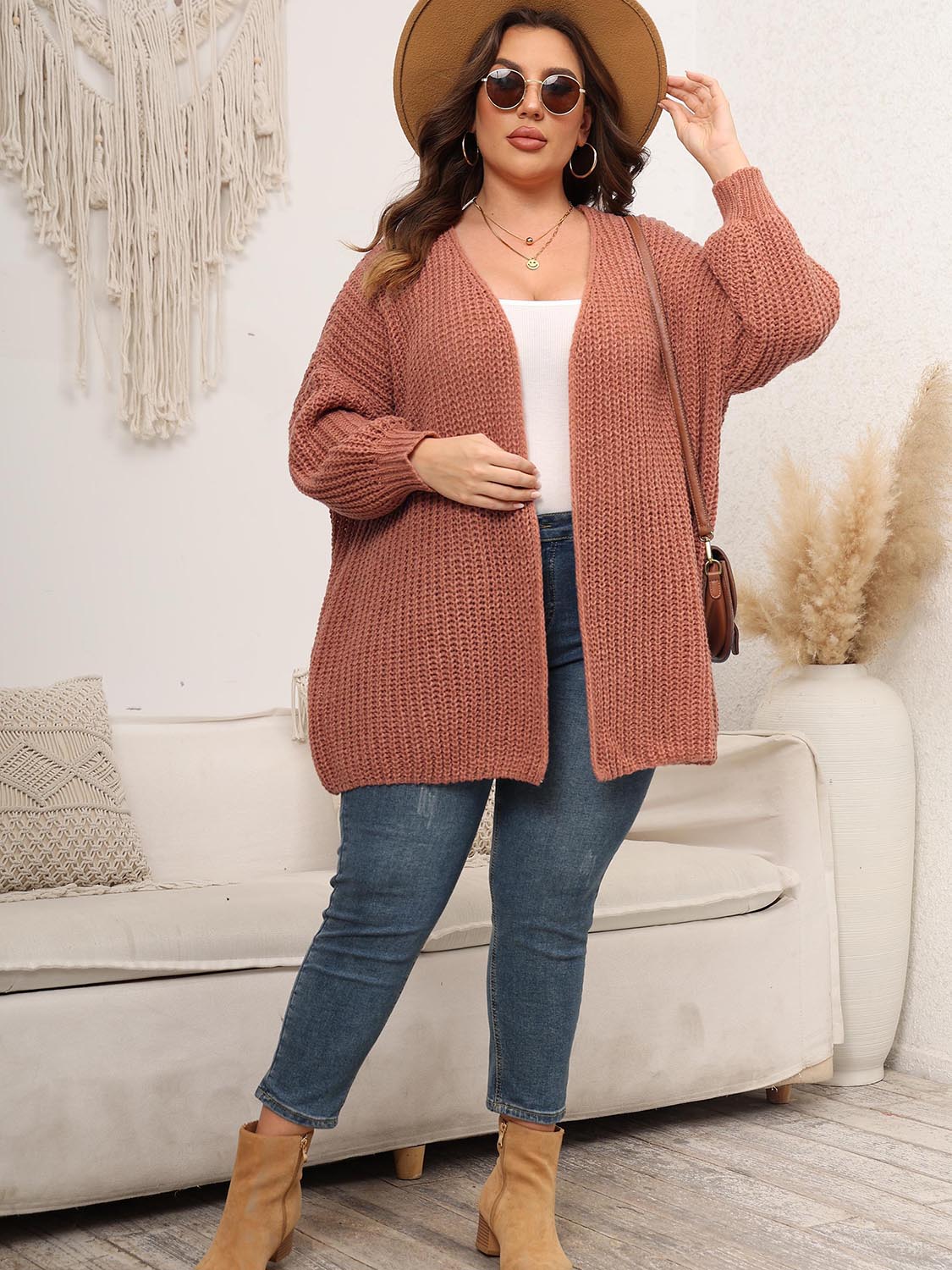 Plus Size Open Front Dropped Shoulder Knit Cardigan - The Goddess Galleries