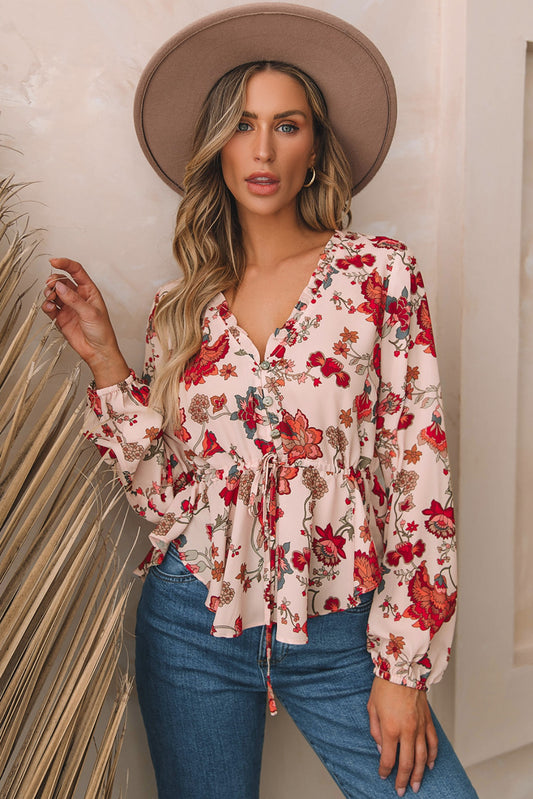 Floral V-Neck Drawstring Peplum Blouse - The Goddess Galleries