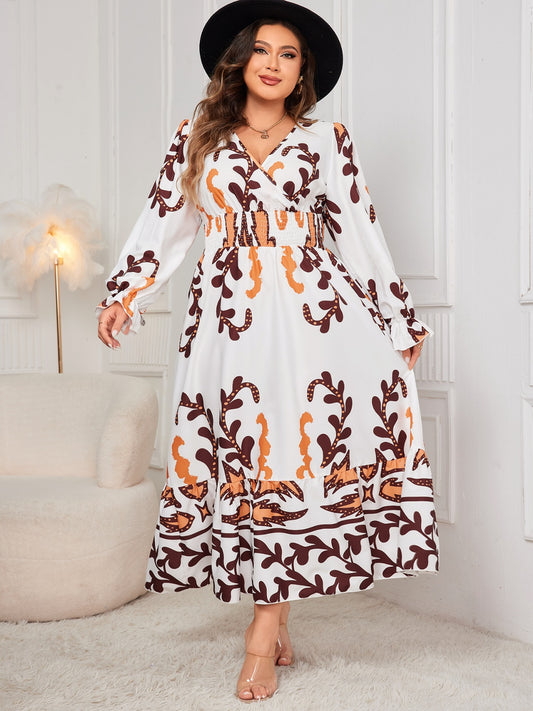 Honey Plus Size Printed Surplice Flounce Sleeve Dress - The Goddess Galleries