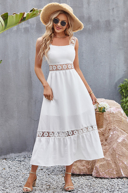 Flower Crochet Wide Strap Midi Dress - The Goddess Galleries