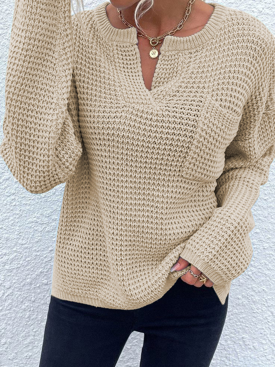 Notched Long Sleeve Sweater - The Goddess Galleries