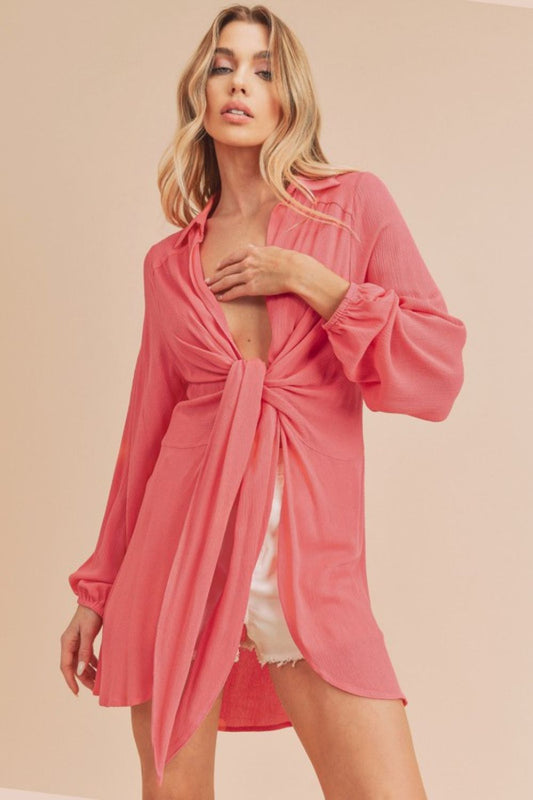 Aemi + Co Tied Collared Neck Long Sleeve Top - The Goddess Galleries