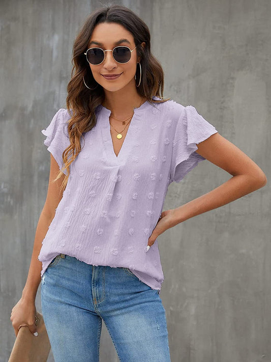 Swiss Dot Notched Flutter Sleeve Blouse - The Goddess Galleries