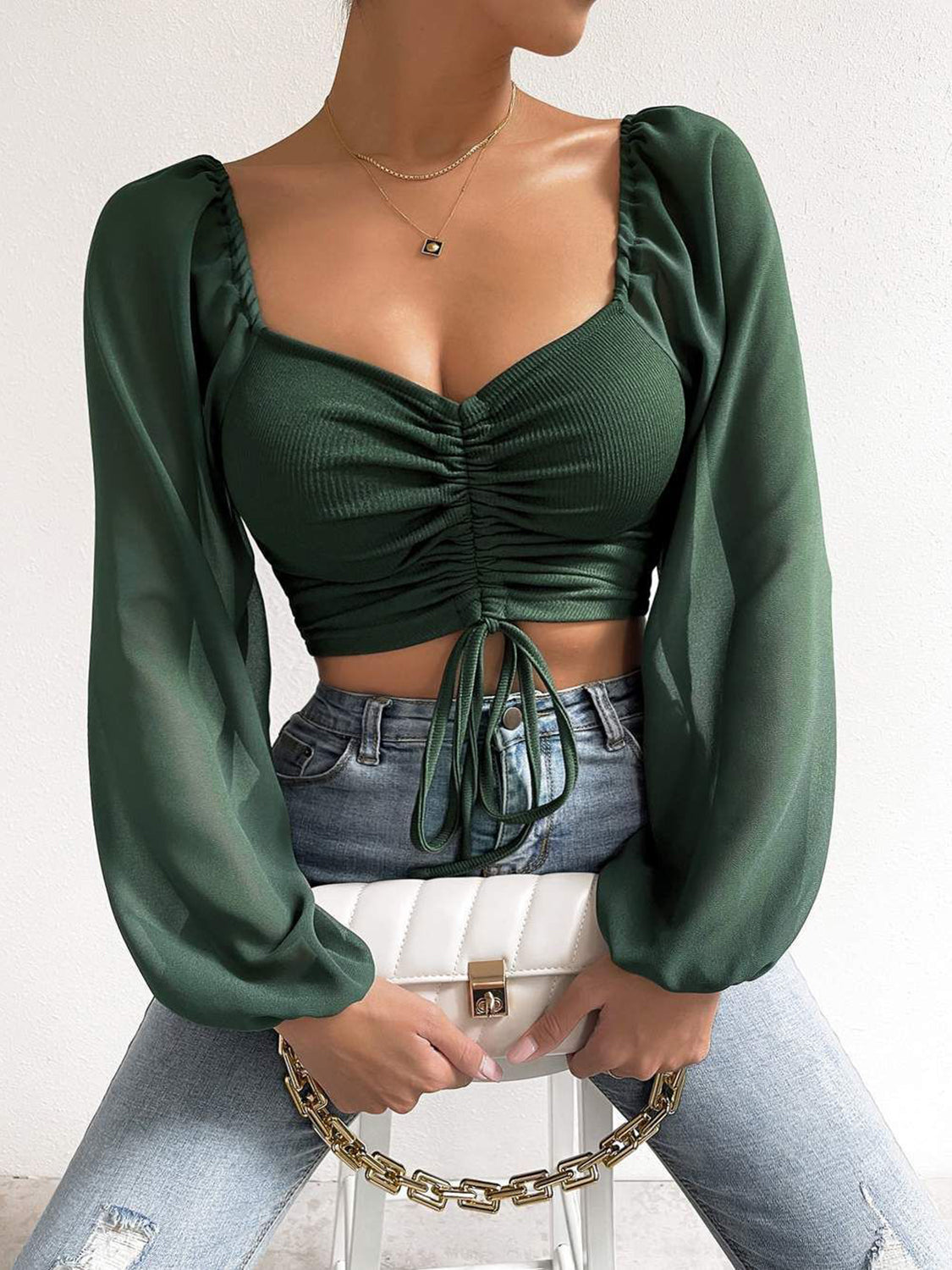 Drawstring Sweetheart Neck Cropped Top - The Goddess Galleries