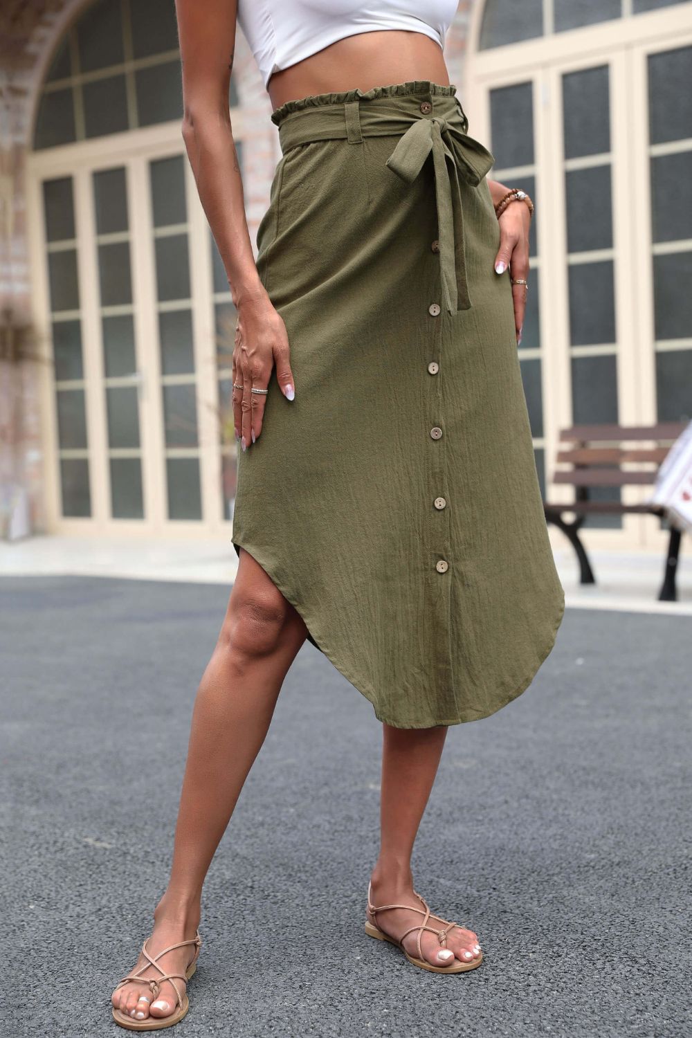 Perfee Tie Belt Frill Trim Buttoned Skirt - The Goddess Galleries