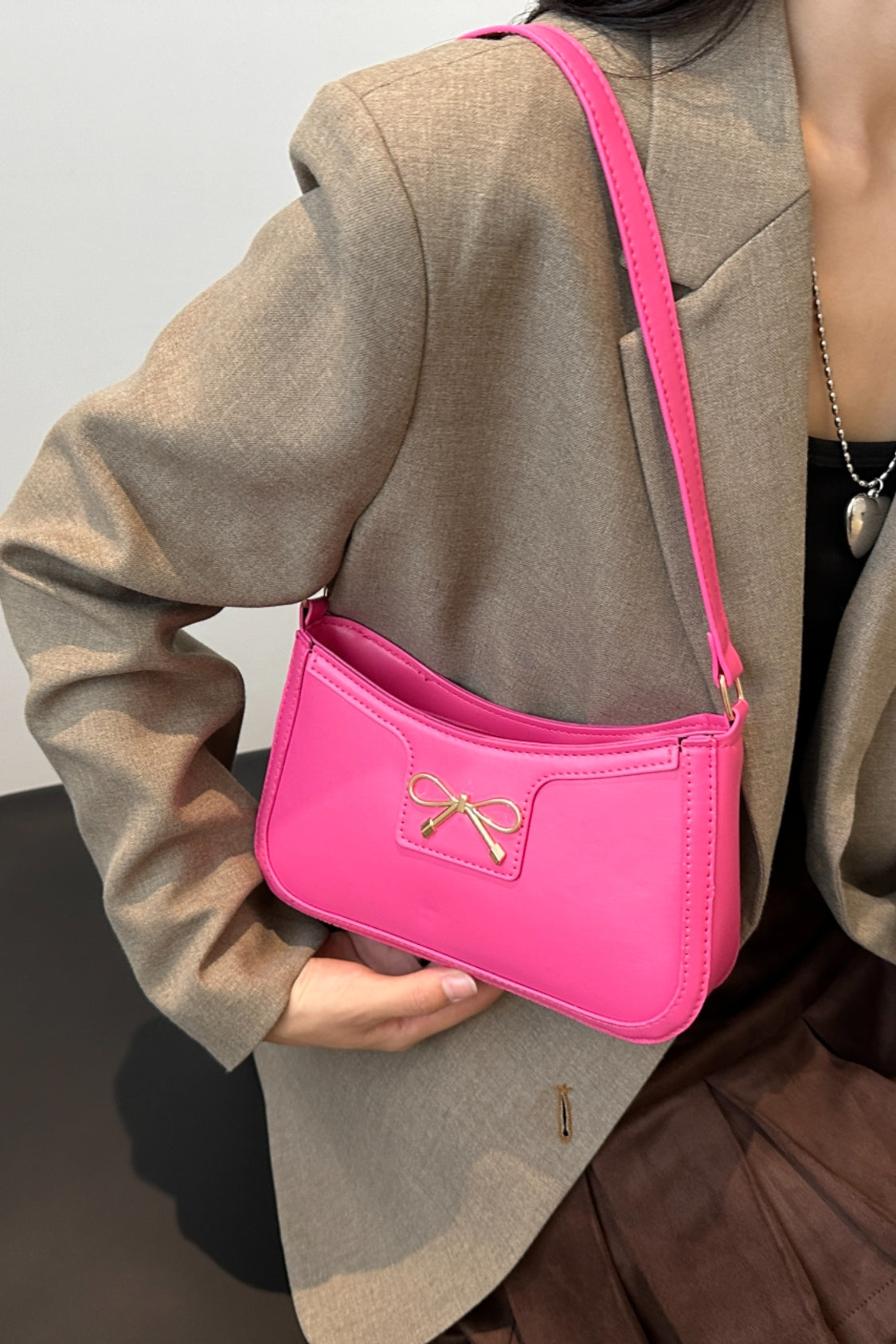 Bow Trim PU Leather Shoulder Bag - The Goddess Galleries