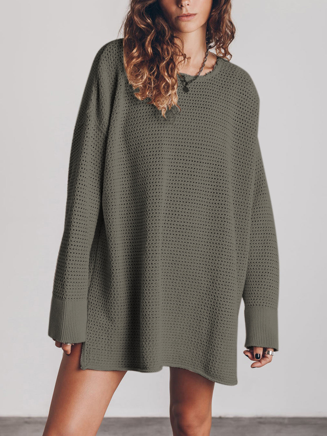 Openwork Round Neck Long Sleeve Slit Sweater - The Goddess Galleries