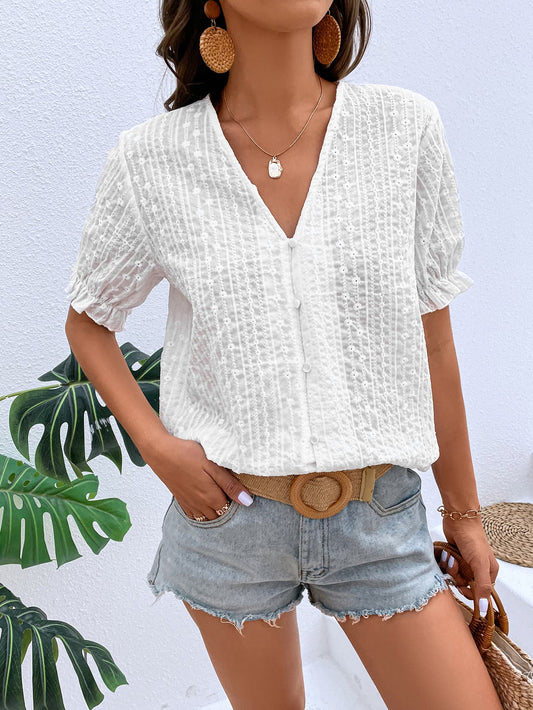 Honey Buttoned V-Neck Flounce Sleeve Top - The Goddess Galleries