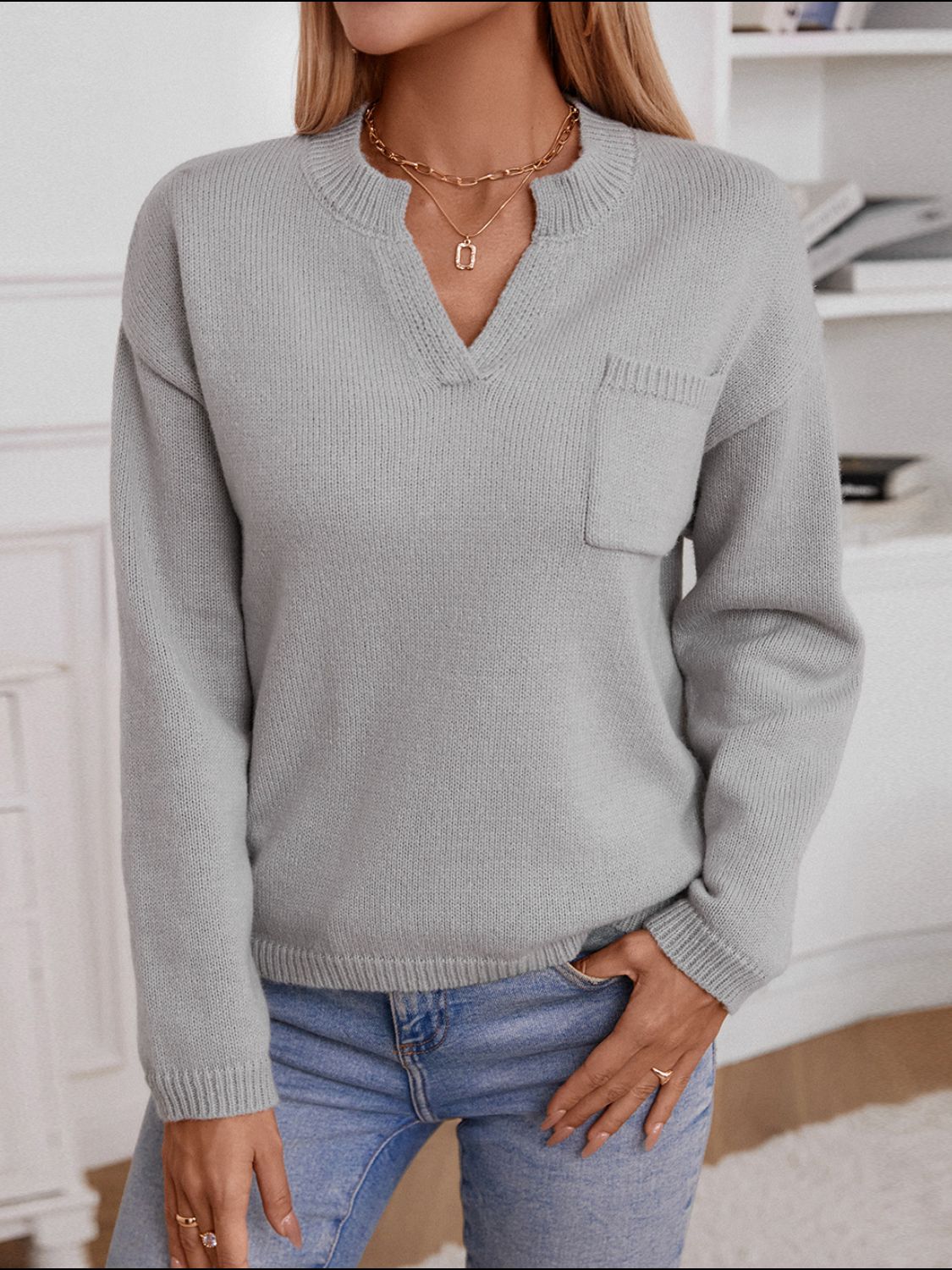 Pocketed Notched Long Sleeve Knit Top - The Goddess Galleries