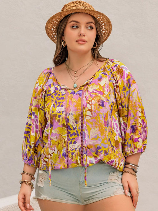 Plus Size Printed Tie Neck Blouse - The Goddess Galleries