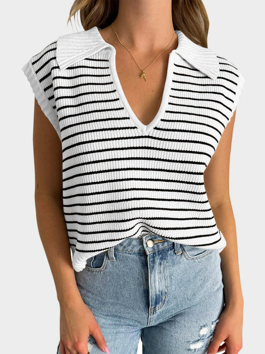 Mandy Collared Neck Striped Sweater Vest - The Goddess Galleries