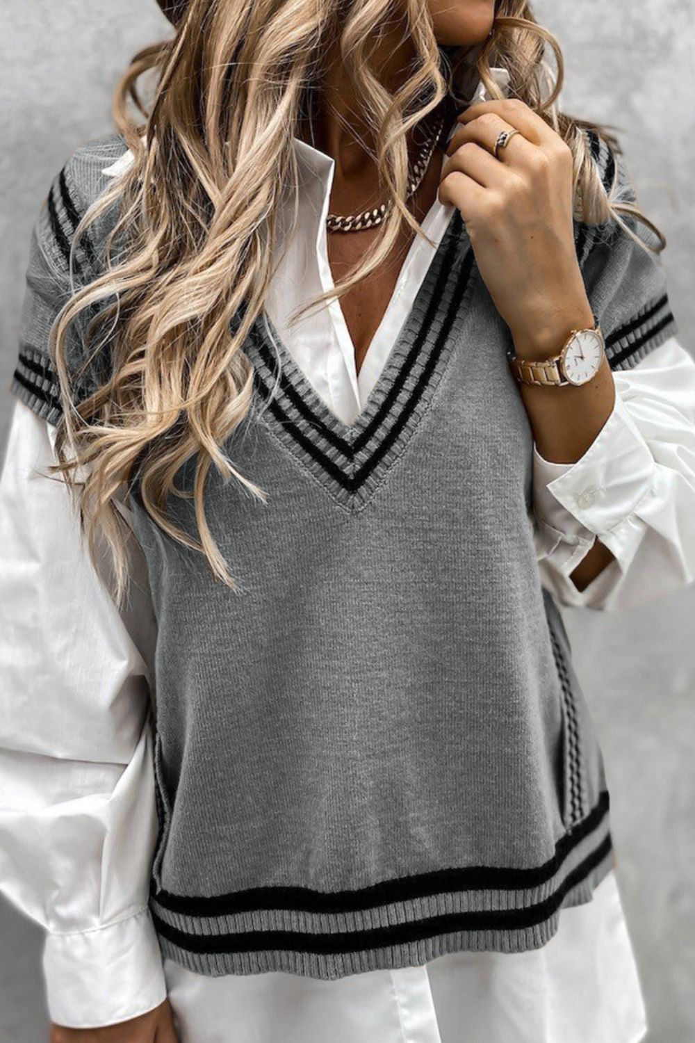 Striped Trim V-Neck Sweater Vest - The Goddess Galleries
