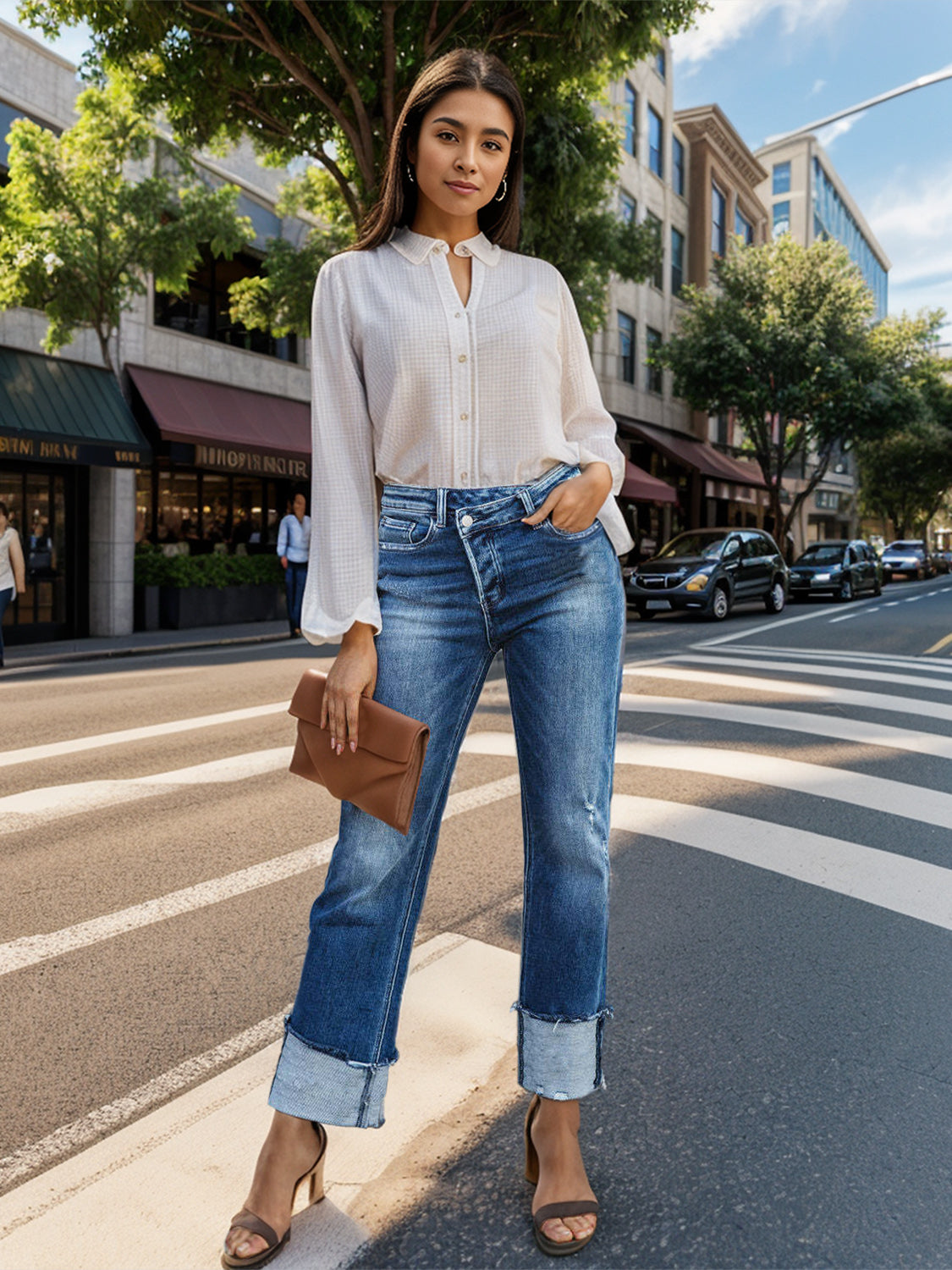 Stepped Waist Raw Hem Rolled Straight Jeans - The Goddess Galleries