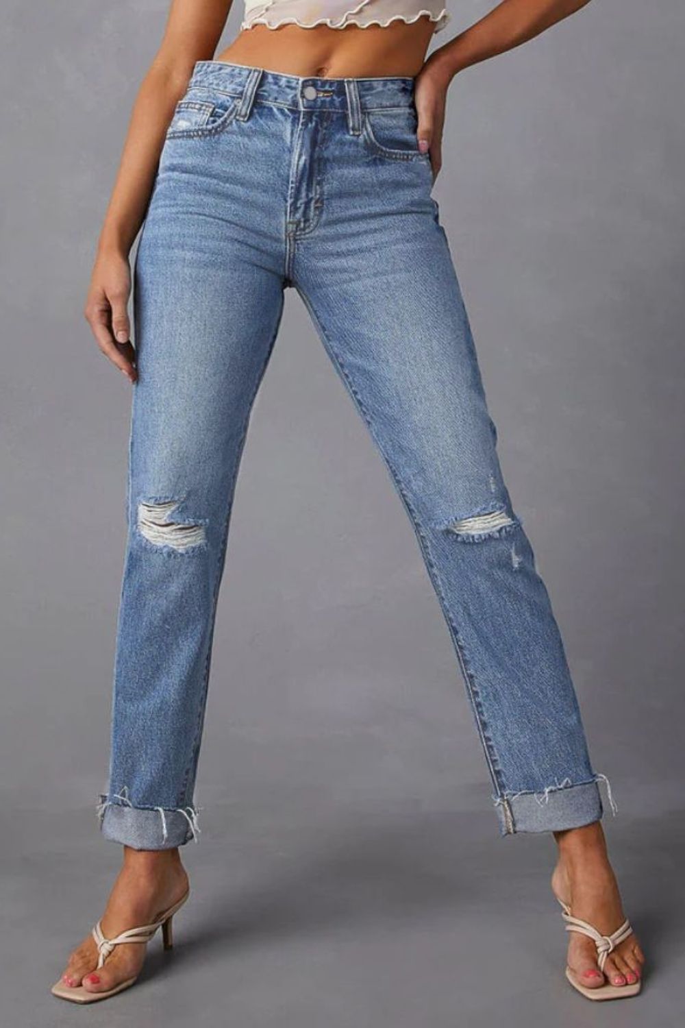 Distressed Raw Hem Straight Jeans with Pockets - The Goddess Galleries