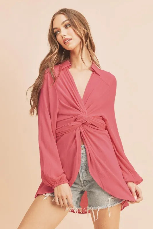 Aemi + Co Tied Collared Neck Long Sleeve Top - The Goddess Galleries