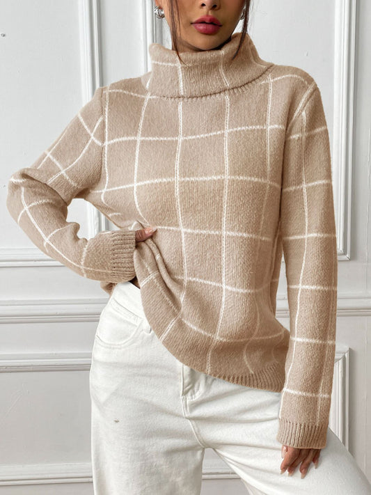 Plaid Turtleneck Long Sleeve Sweater - The Goddess Galleries