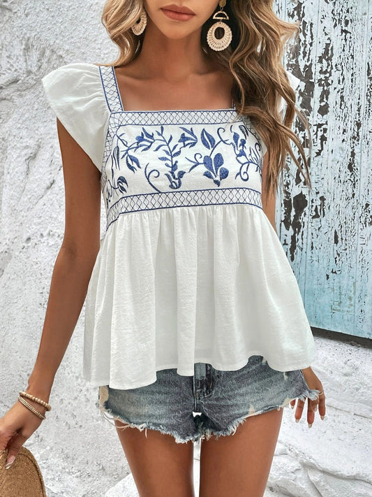 Embroidered Square Neck Cap Sleeve Blouse - The Goddess Galleries