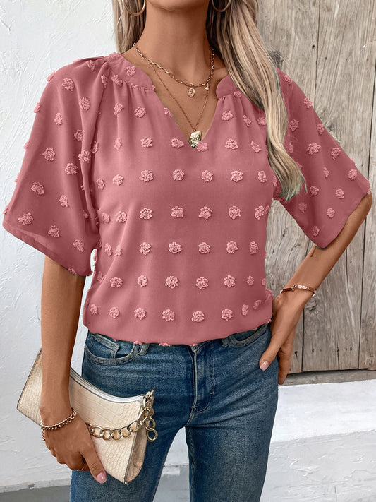 Ivy Lane Swiss Dot Notched Half Sleeve Blouse - The Goddess Galleries