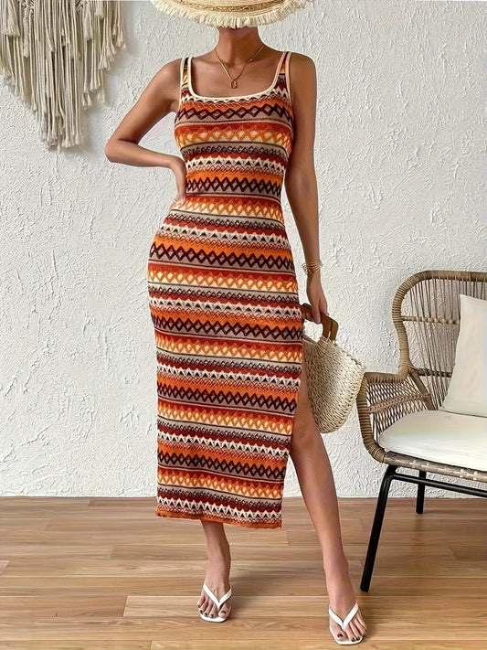 Full Size Slit Square Neck Wide Strap Midi Dress - The Goddess Galleries