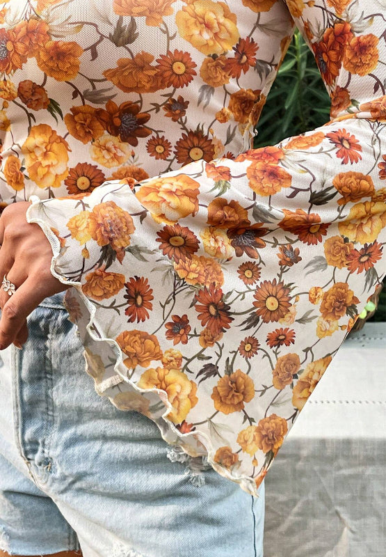 Printed Mock Neck Flare Sleeve Top - The Goddess Galleries