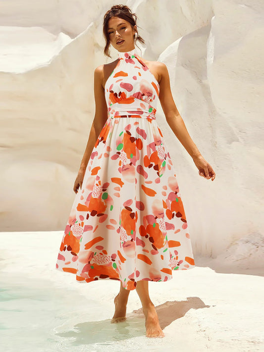 Ruched Printed Halter Neck Dress - The Goddess Galleries