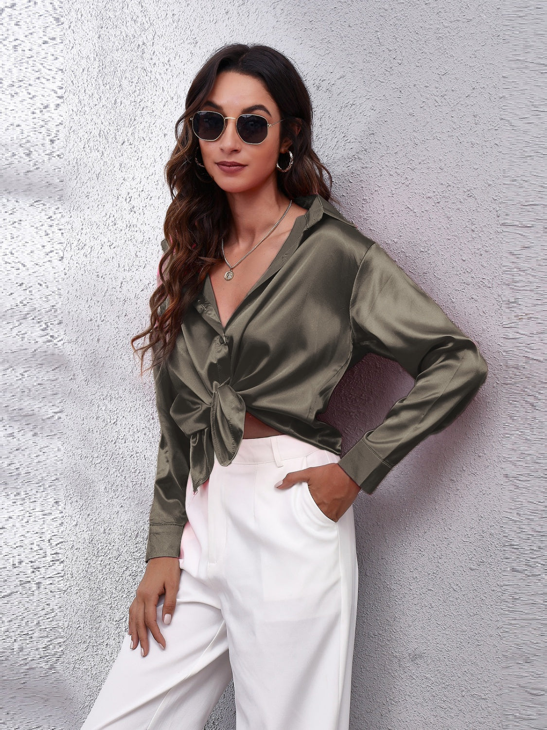 Collared Neck Buttoned Long Sleeve Shirt - The Goddess Galleries