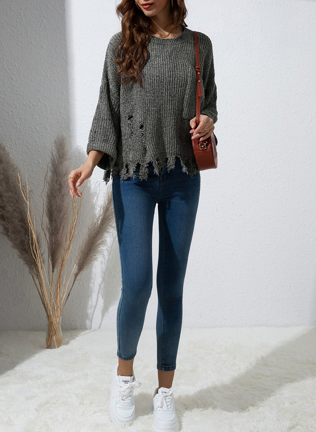 Distressed Round Neck Drop Shoulder Sweater - The Goddess Galleries