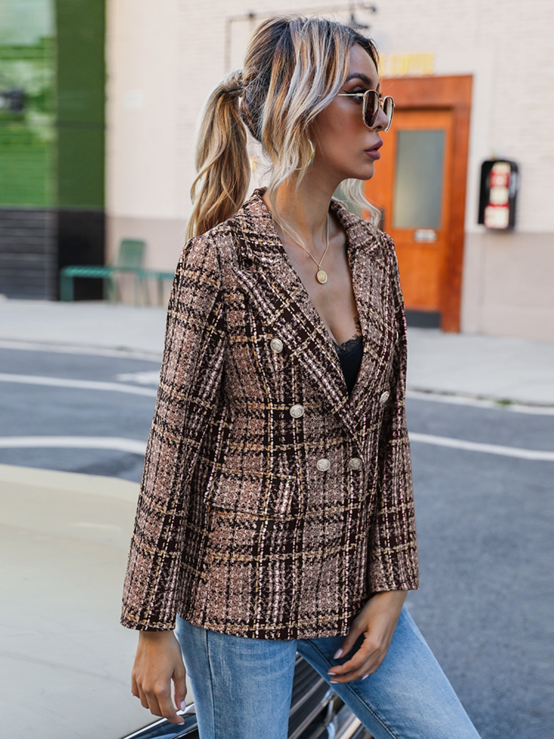 Full Size Plaid Lapel Collar Blazer - The Goddess Galleries