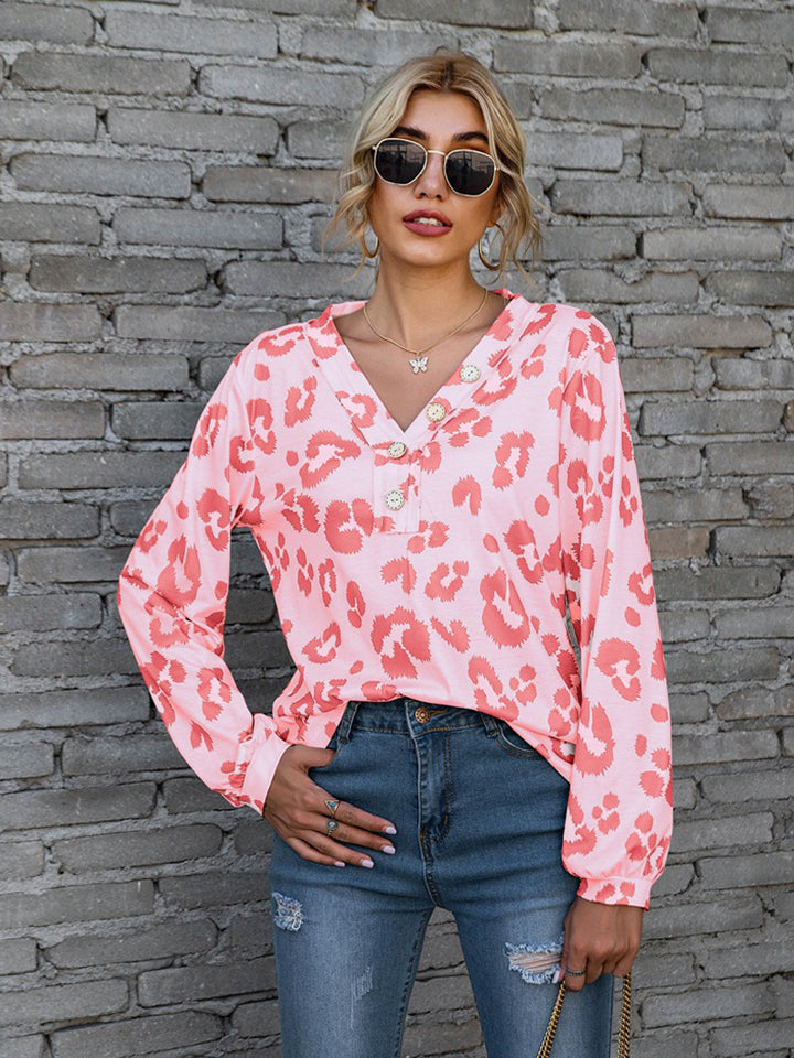Leopard V-Neck Decorative Button Long Sleeve Blouse - The Goddess Galleries