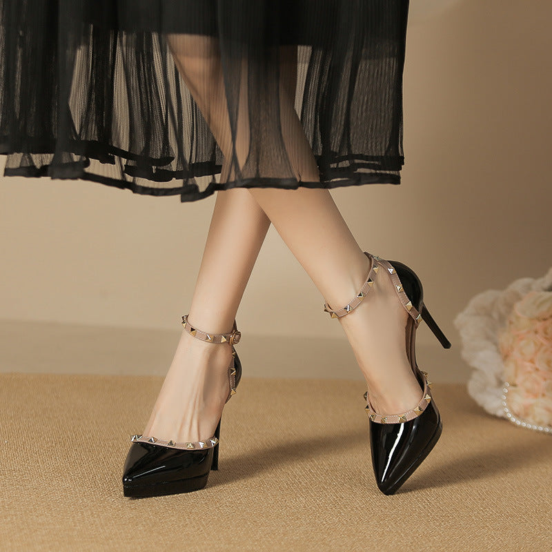 Rivet Decor Ankle Strap Stiletto Pumps - The Goddess Galleries