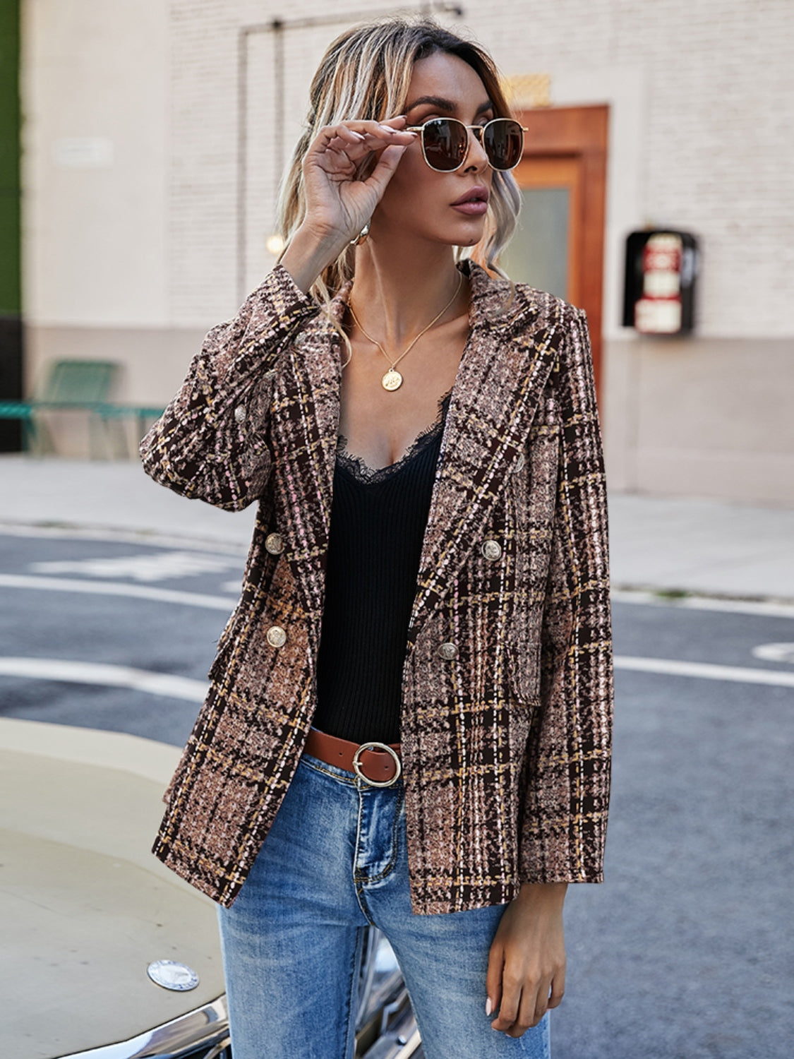 Full Size Plaid Lapel Collar Blazer - The Goddess Galleries