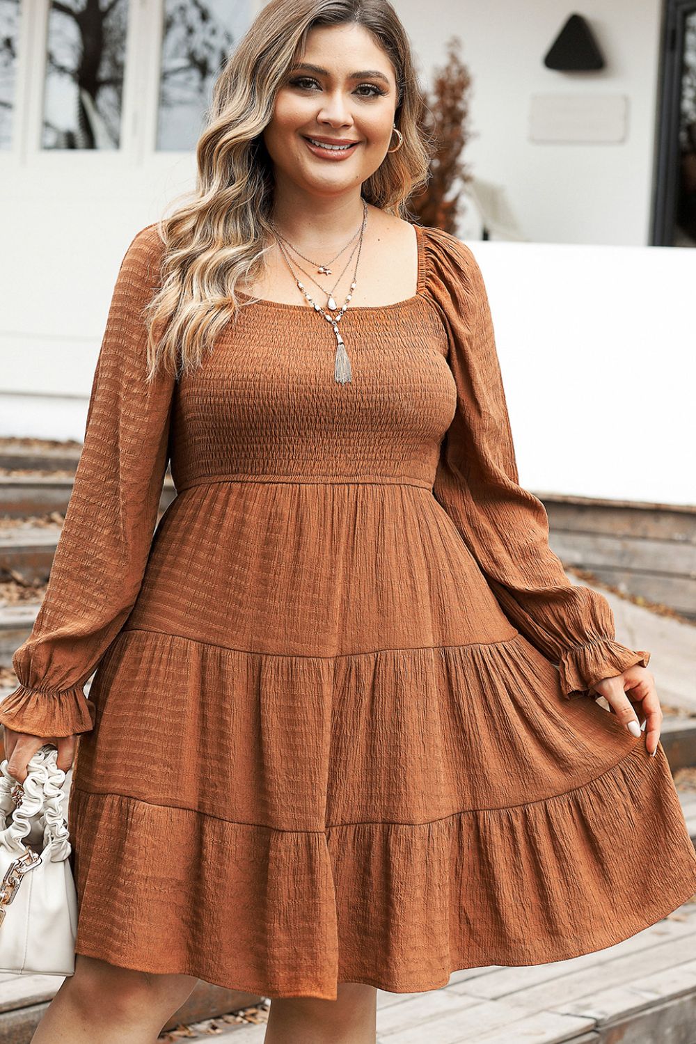 Plus Size Smocked Square Neck Tiered Dress - The Goddess Galleries