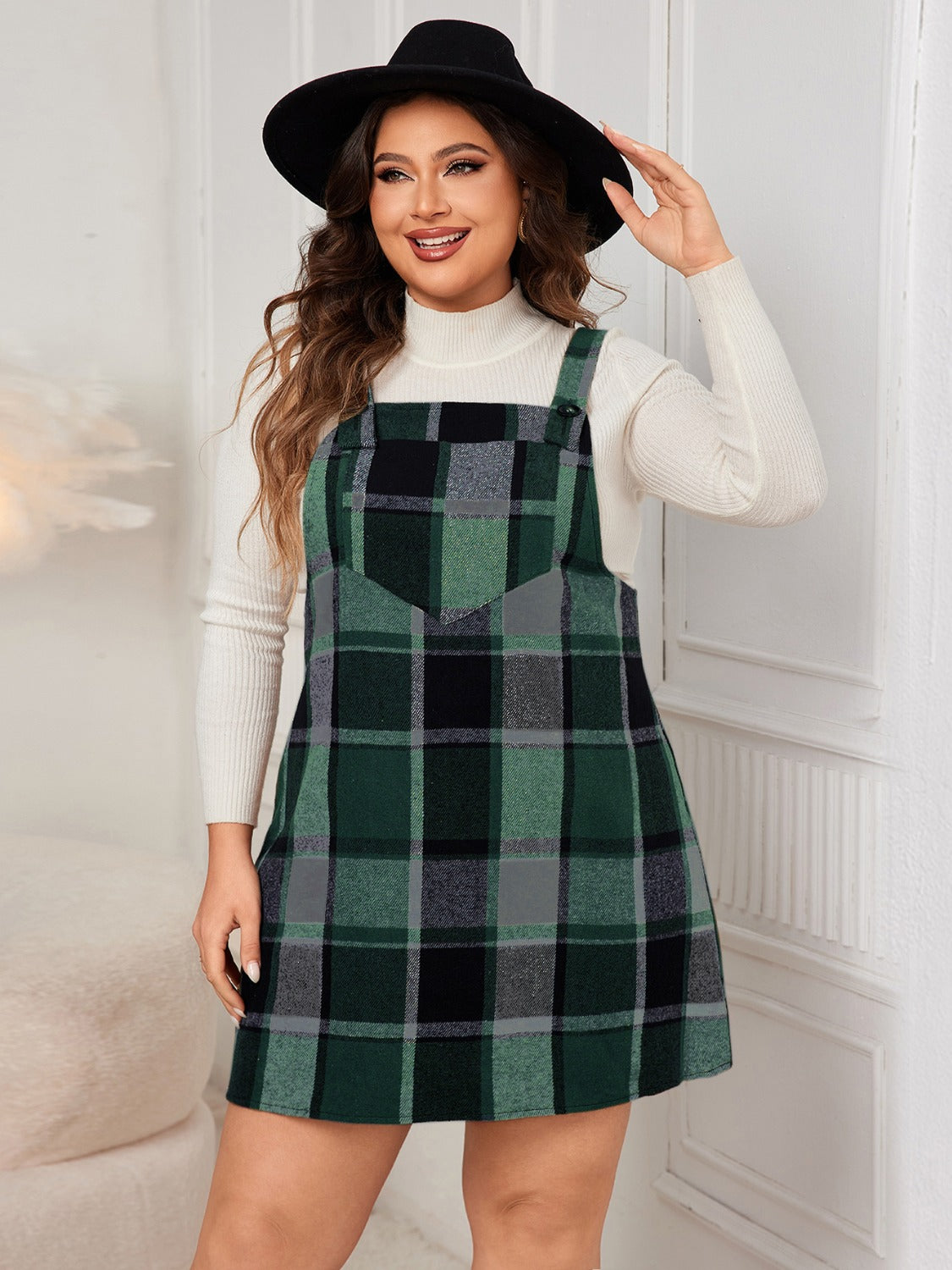 Honey Plus Size Plaid Wide Strap Overall Dress - The Goddess Galleries