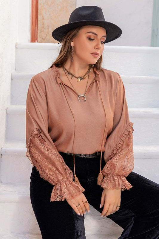 Plus Size Tie Neck Flounce Sleeve Blouse - The Goddess Galleries