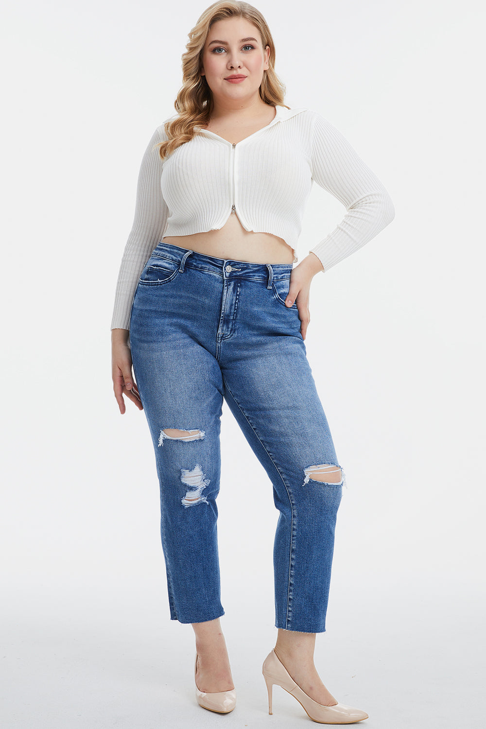 BAYEAS Full Size High Waist Distressed Cat's Whiskers Straight Jeans - The Goddess Galleries