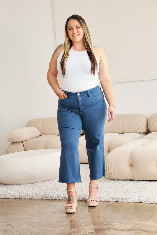 RFM Crop Chloe Full Size Tummy Control High Waist Raw Hem Jeans - The Goddess Galleries