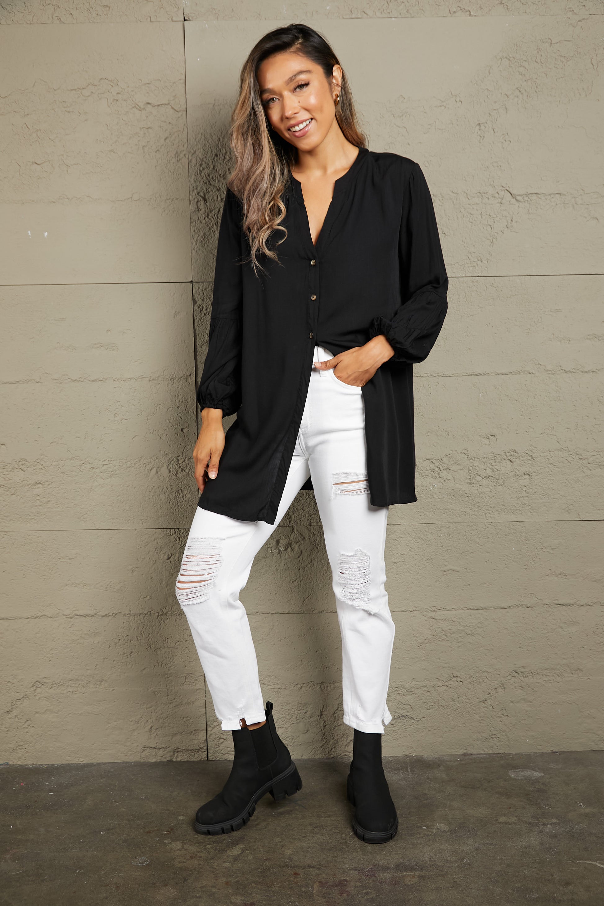 Ivy Lane Notched Neck Balloon Sleeve Shirt - The Goddess Galleries