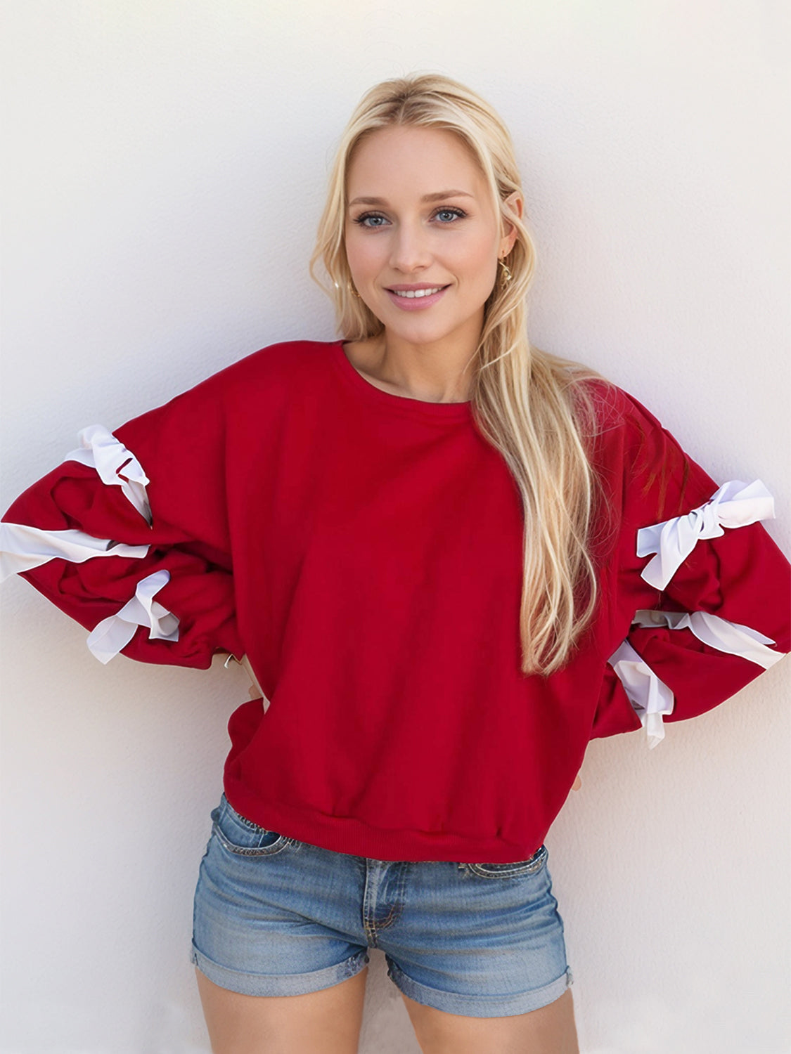 Contrast Bow Round Neck Long Sleeve Sweatshirt - The Goddess Galleries