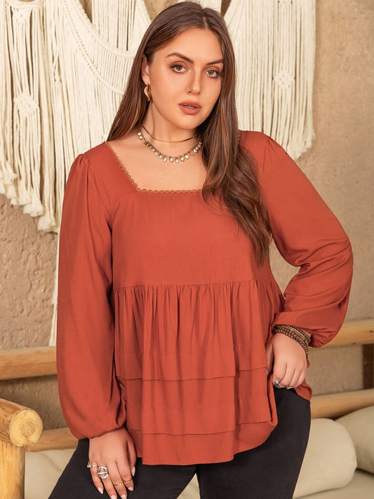 Plus Size Lace Detail Square Neck Long Sleeve Blouse - The Goddess Galleries
