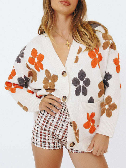 Floral V-Neck Button Up Long Sleeve Cardigan - The Goddess Galleries
