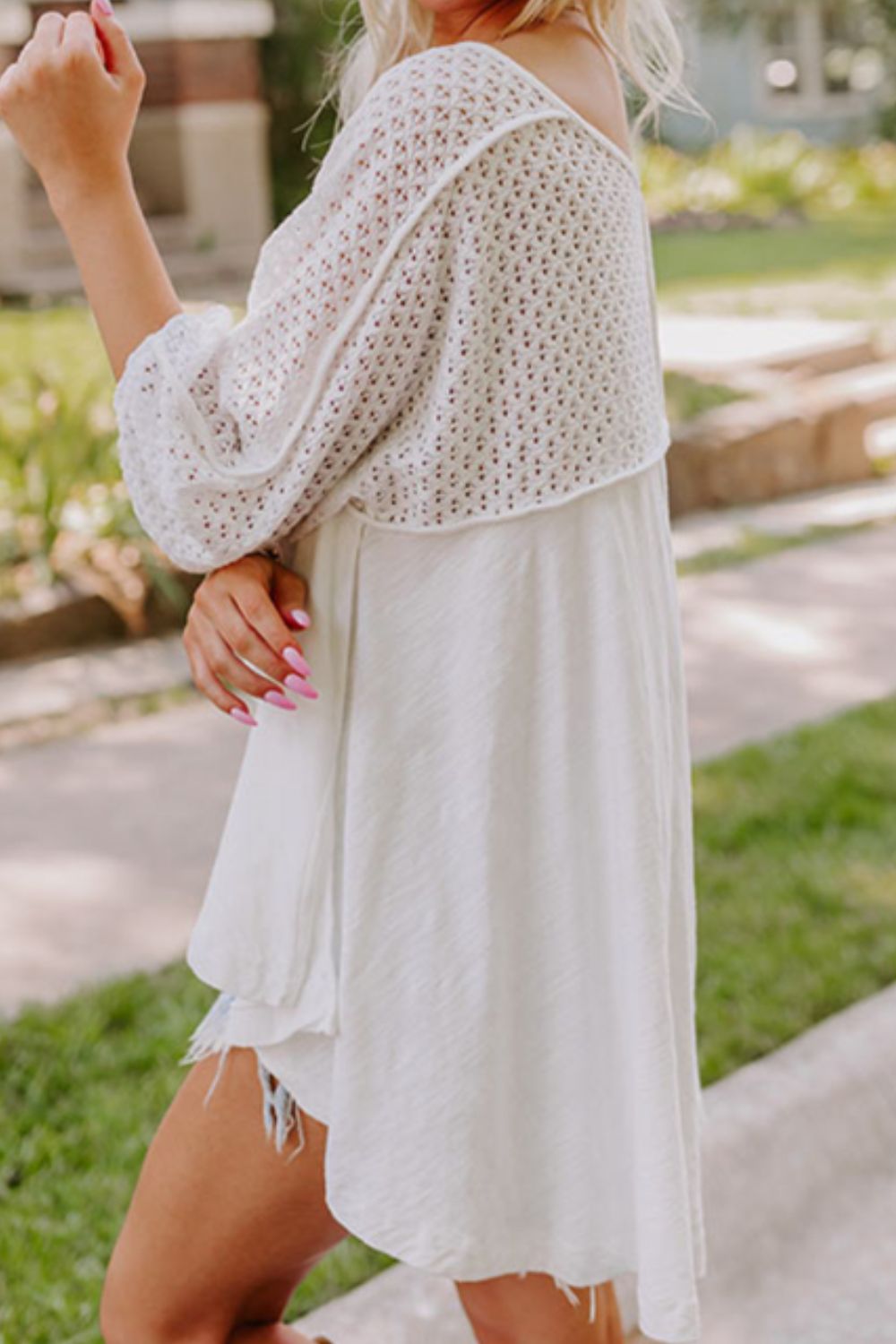 Openwork High Low Hem V Neck Oversized Top - The Goddess Galleries