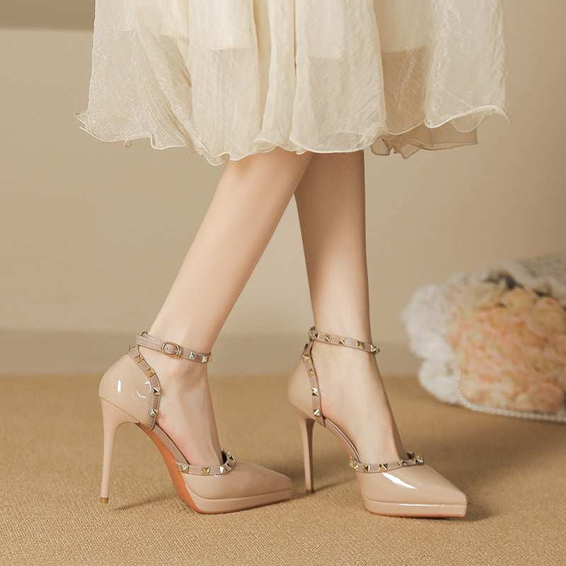 Rivet Decor Ankle Strap Stiletto Pumps - The Goddess Galleries