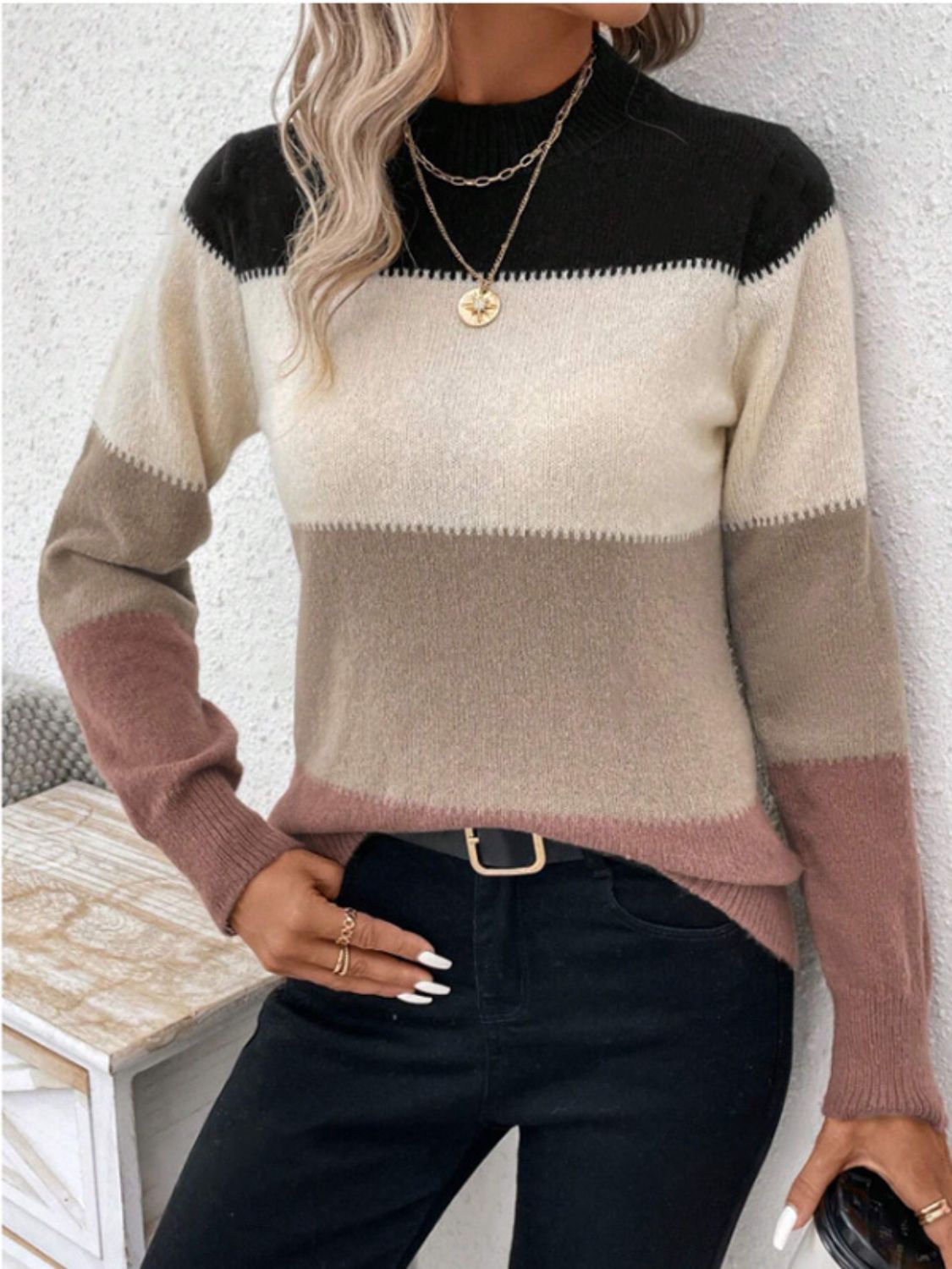Color Block Mock Neck Long Sleeve Sweater - The Goddess Galleries