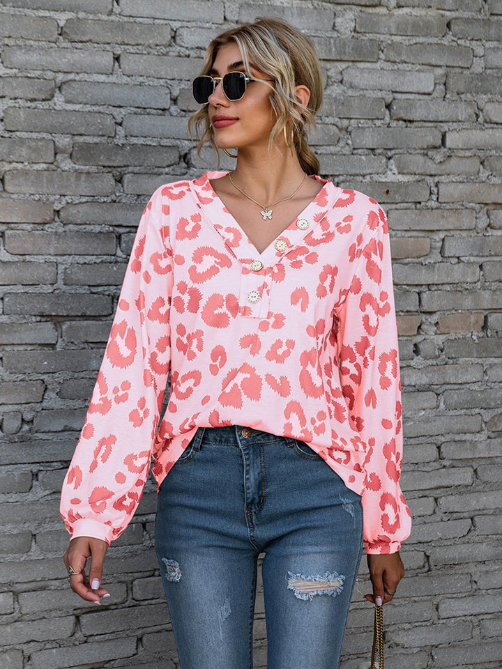 Leopard V-Neck Decorative Button Long Sleeve Blouse - The Goddess Galleries
