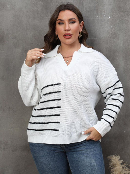 Plus Size Striped V-Neck Sweater - The Goddess Galleries