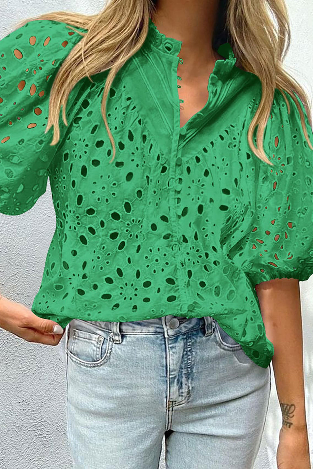 Eyelet Button Up Half Sleeve Blouse - The Goddess Galleries