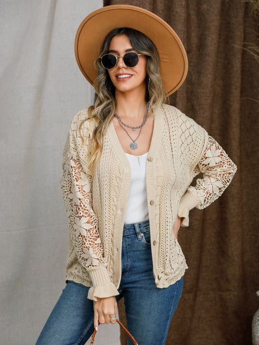 Eyelet Button Up Lantern Sleeve Cardigan - The Goddess Galleries