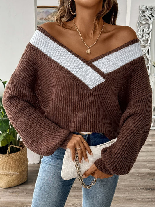 Contrast Dropped Shoulder Long Sleeve Sweater - The Goddess Galleries