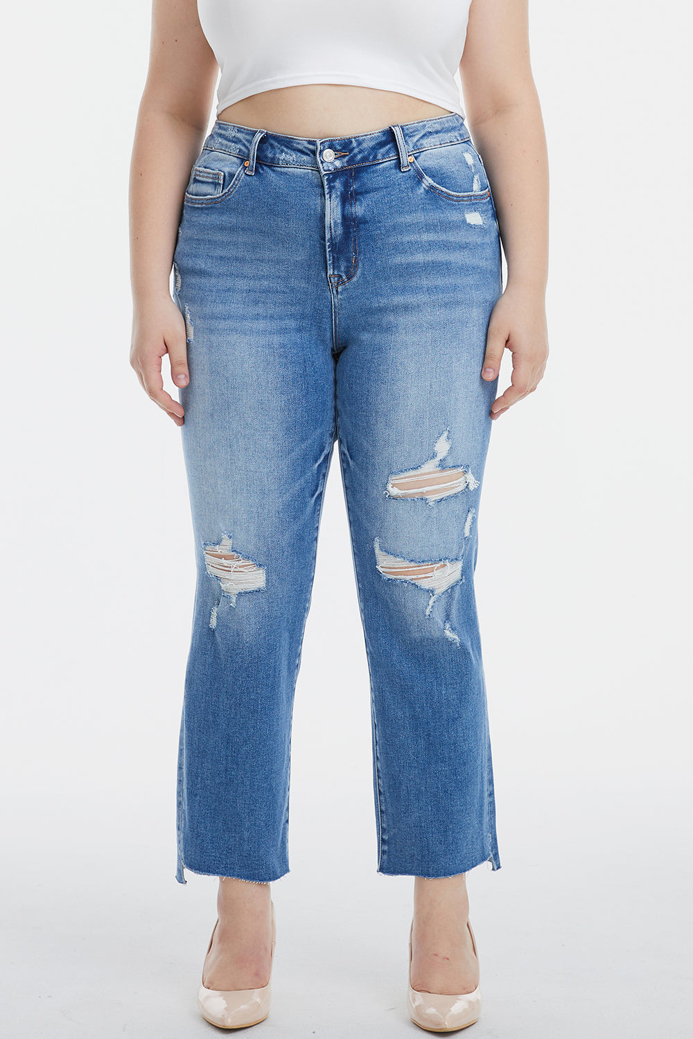 BAYEAS Full Size Mid Waist Distressed Ripped Straight Jeans - The Goddess Galleries
